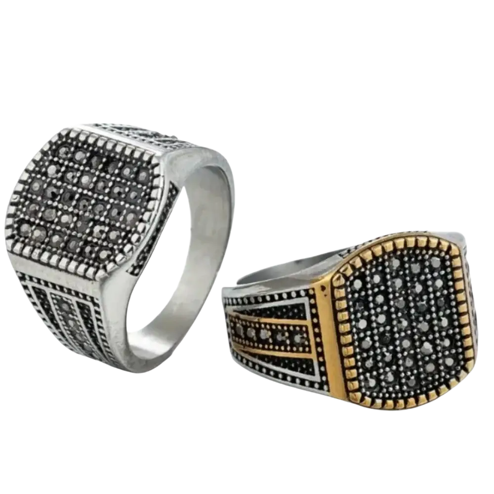 Two ornate retro heren rings in silver and two-tone silver-gold stainless steel with marcasite stones vintage persian design