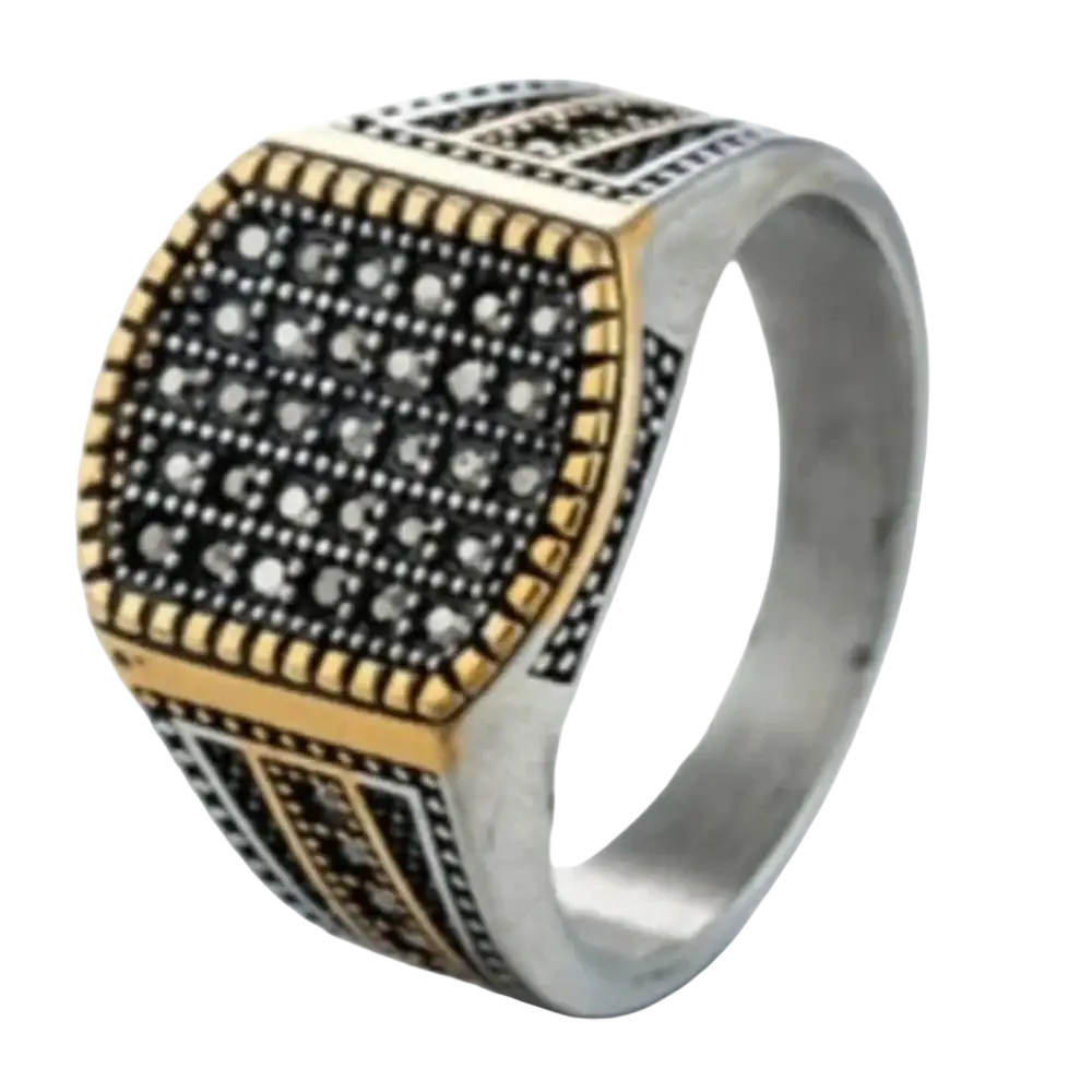 Retro heren ring in silver and gold stainless steel with pave-set stones and blackened detailing in vintage persian style