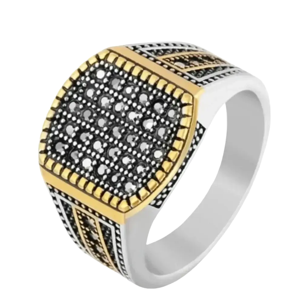 Two-tone retro heren ring with black and clear cubic zirconia set in gold and silver stainless steel metal vintage persian jewelry