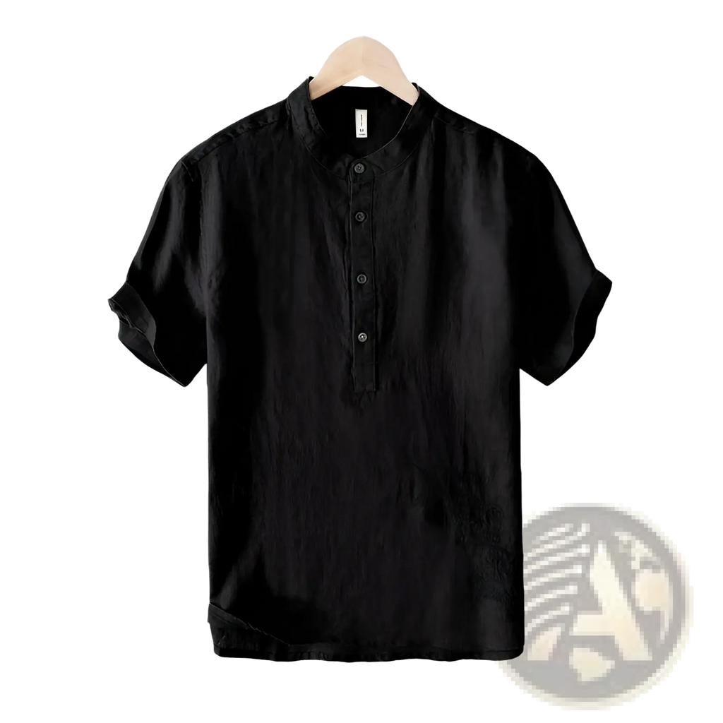 Black short-sleeved loose linen mandarin collar shirt with button-down front in retro Japanese style