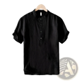 Black short-sleeved loose linen mandarin collar shirt with button-down front in retro Japanese style