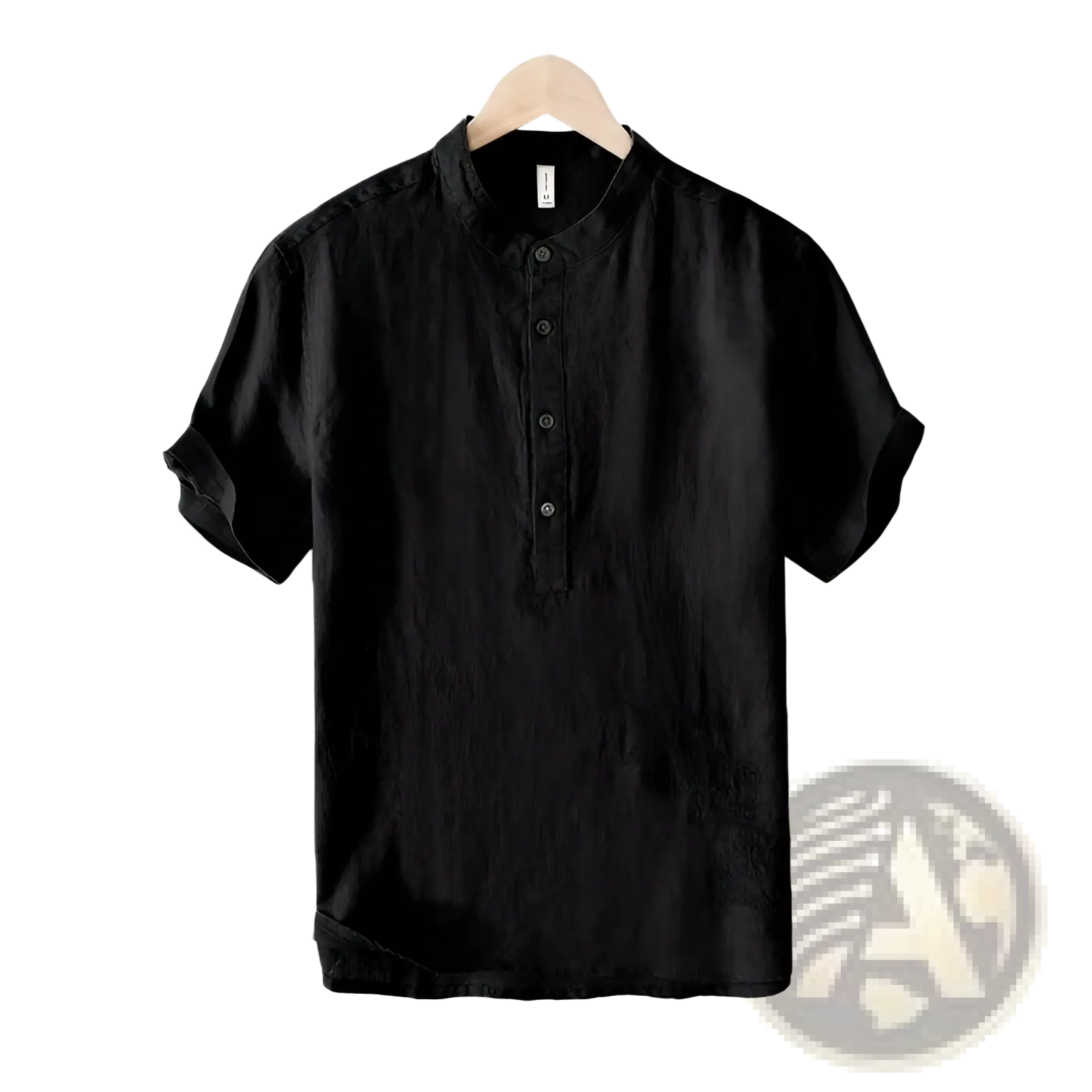 Black short-sleeved loose linen mandarin collar shirt with button-down front in retro Japanese style