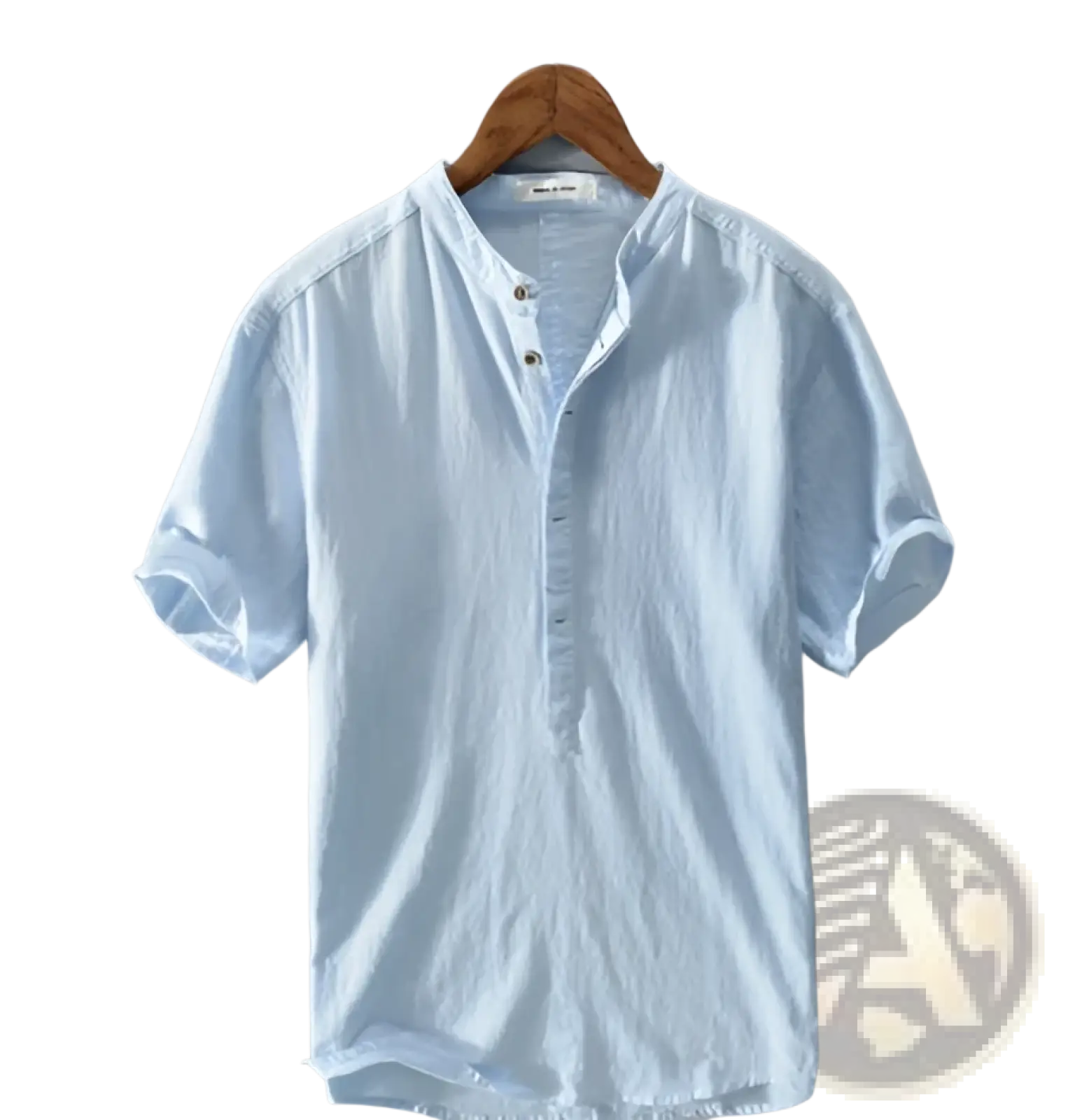 Light blue loose linen mandarin collar shirt with button-down front and rolled-up sleeves on wooden hanger
