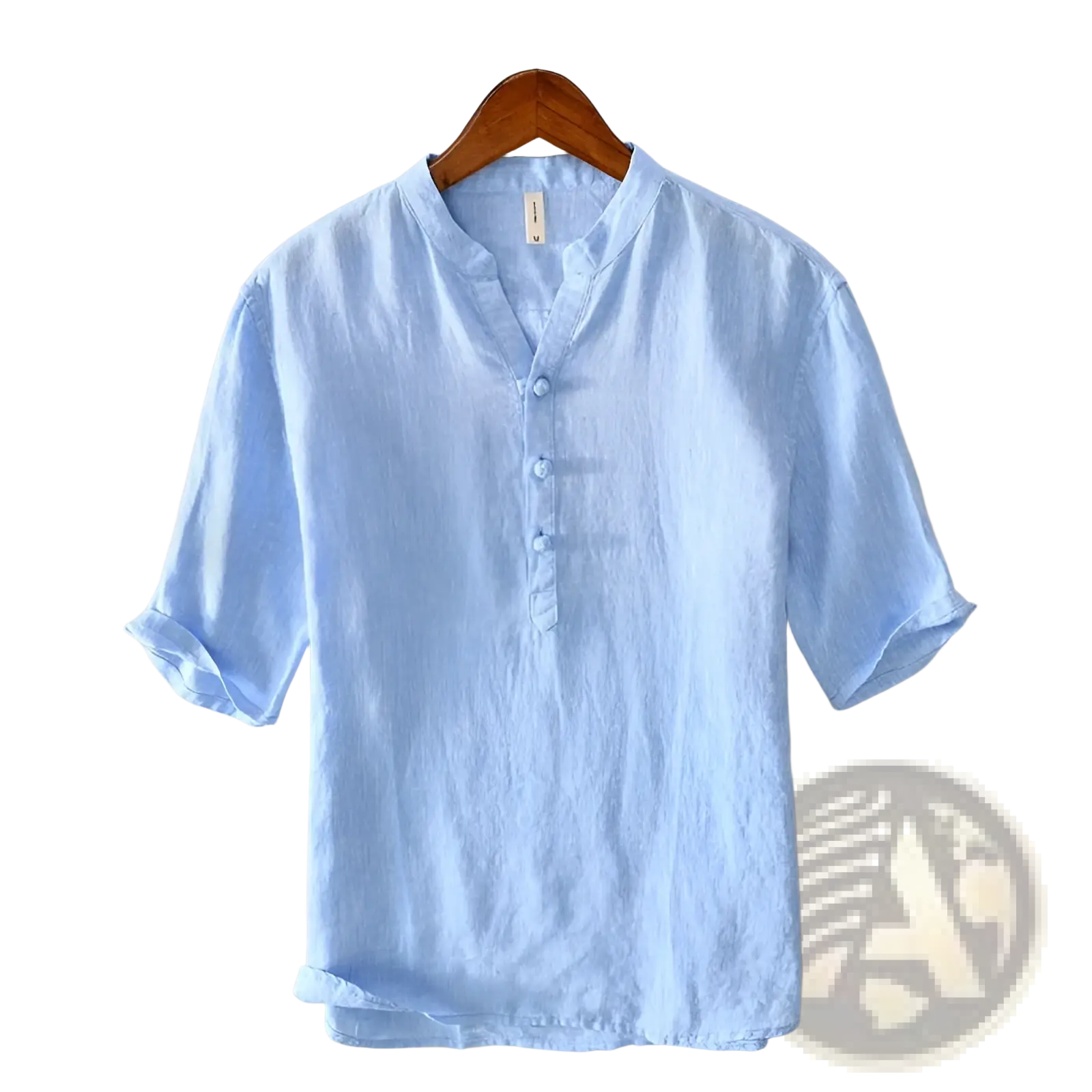 Light blue loose linen short-sleeved shirt with mandarin collar and button placket retro Japanese style