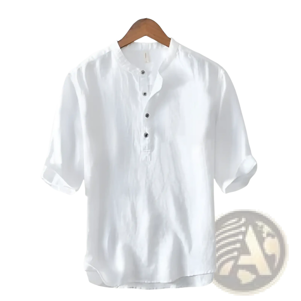 White linen short-sleeved shirt with mandarin collar and black buttons in retro Japanese style loose fit