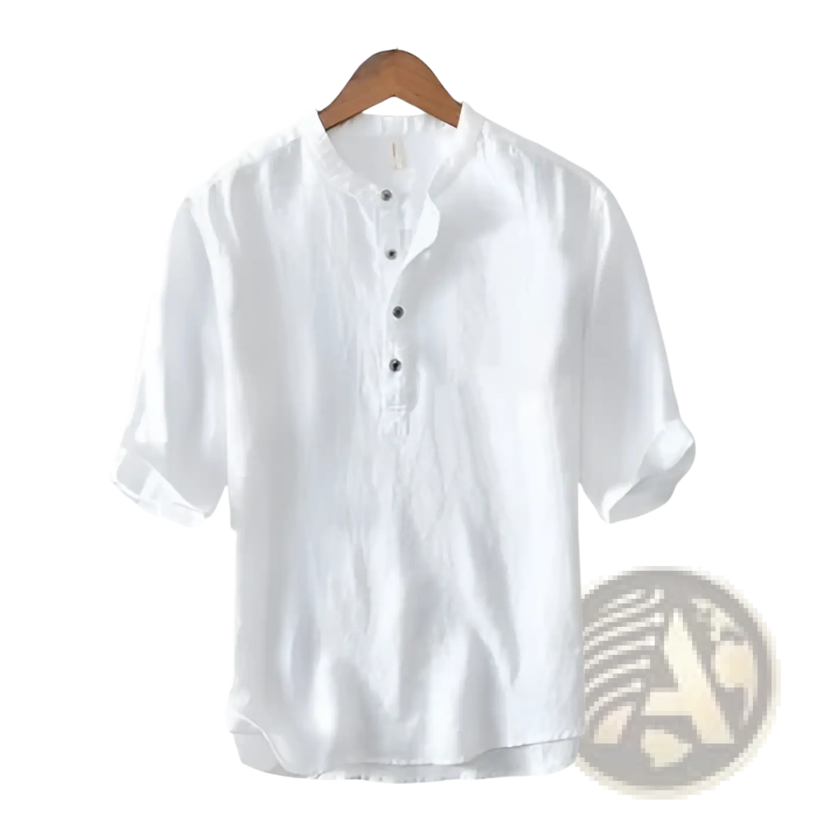 White linen short-sleeved shirt with mandarin collar and black buttons in retro Japanese style loose fit