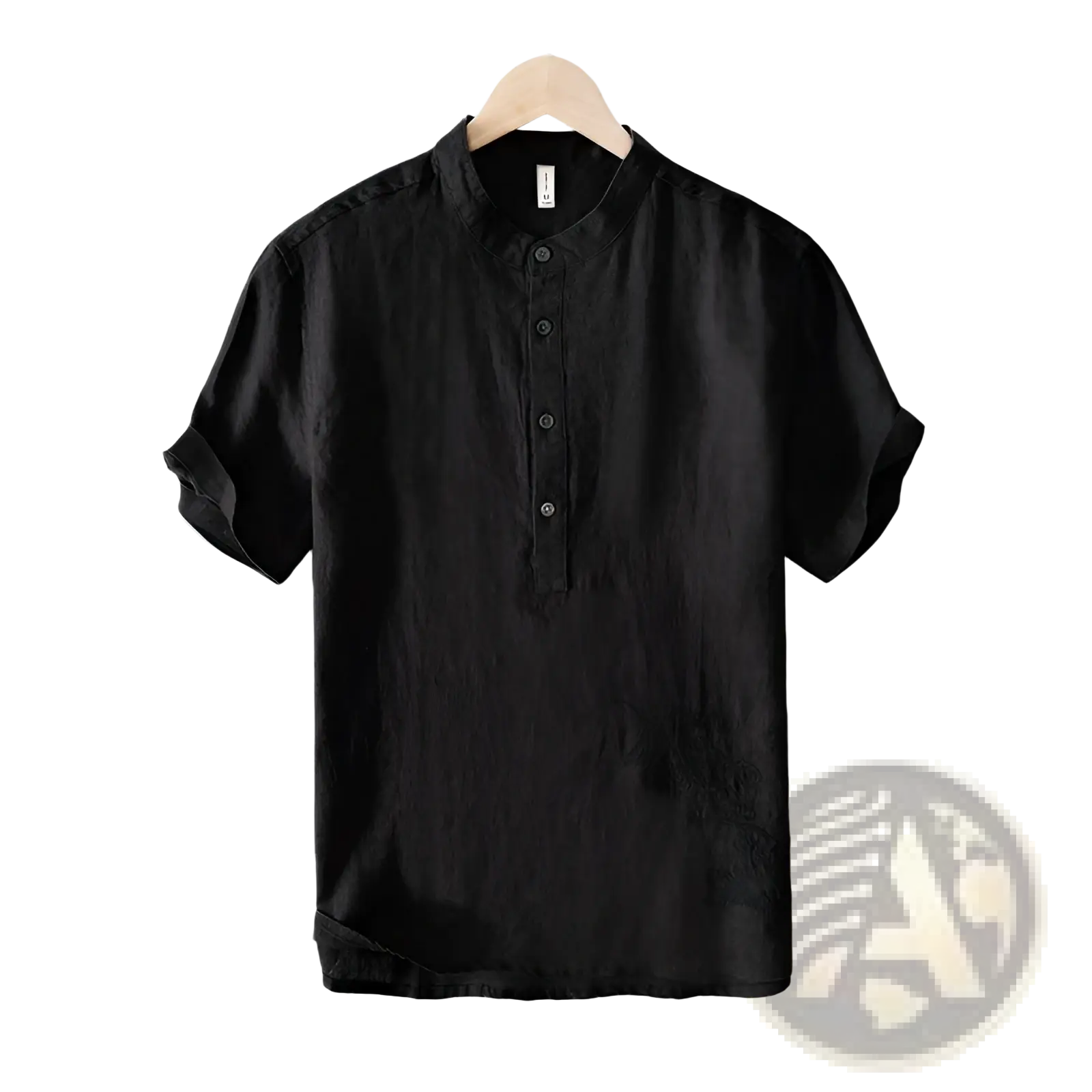 Black short-sleeved linen shirt with mandarin collar and button-down front in retro Japanese style design