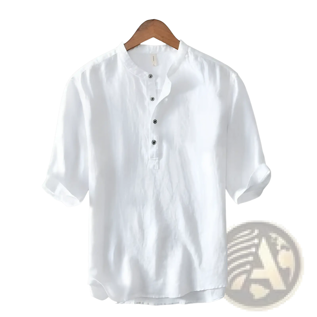 White linen short-sleeved retro japanese style shirt with mandarin collar and dark buttons
