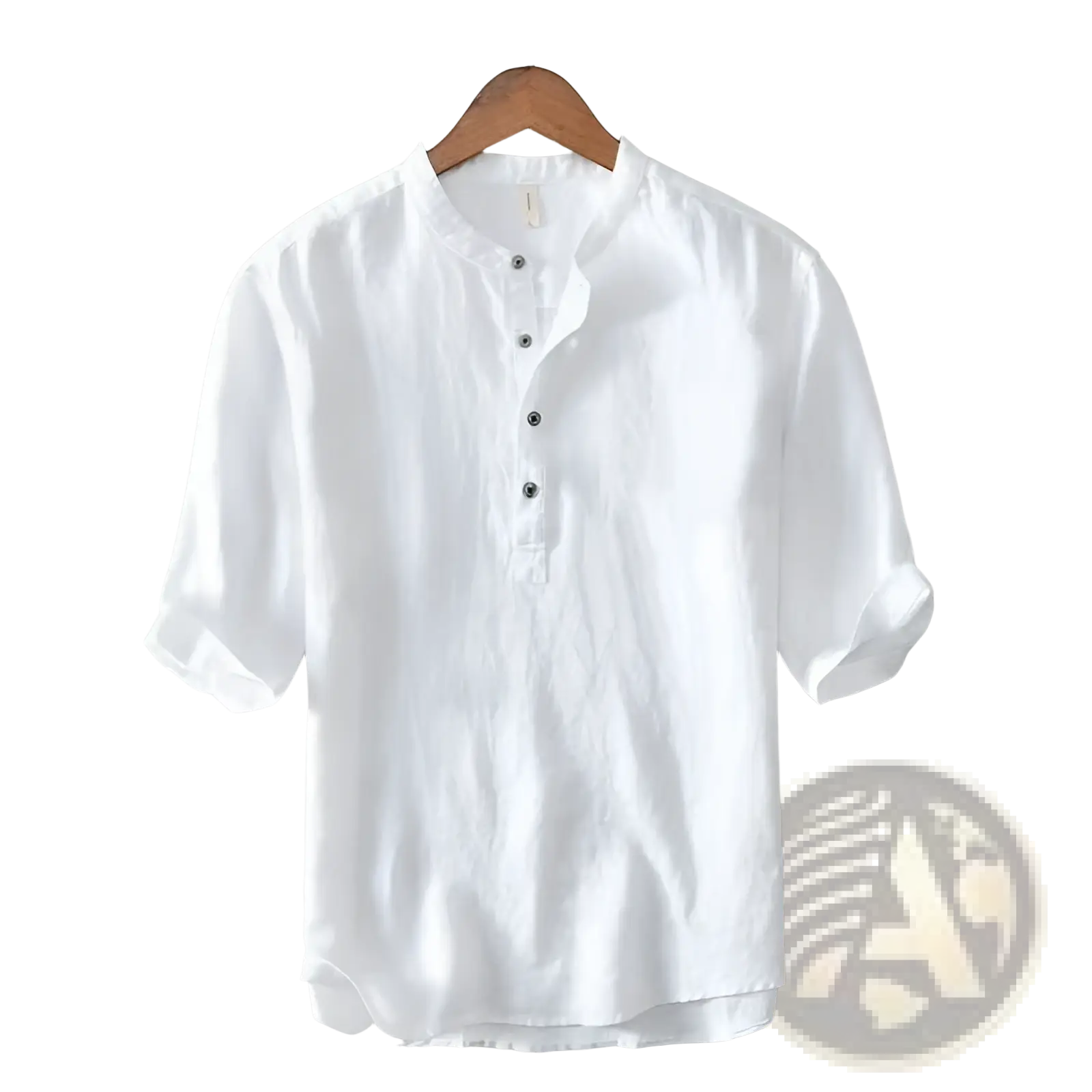 White linen short-sleeved retro japanese style shirt with mandarin collar and dark buttons