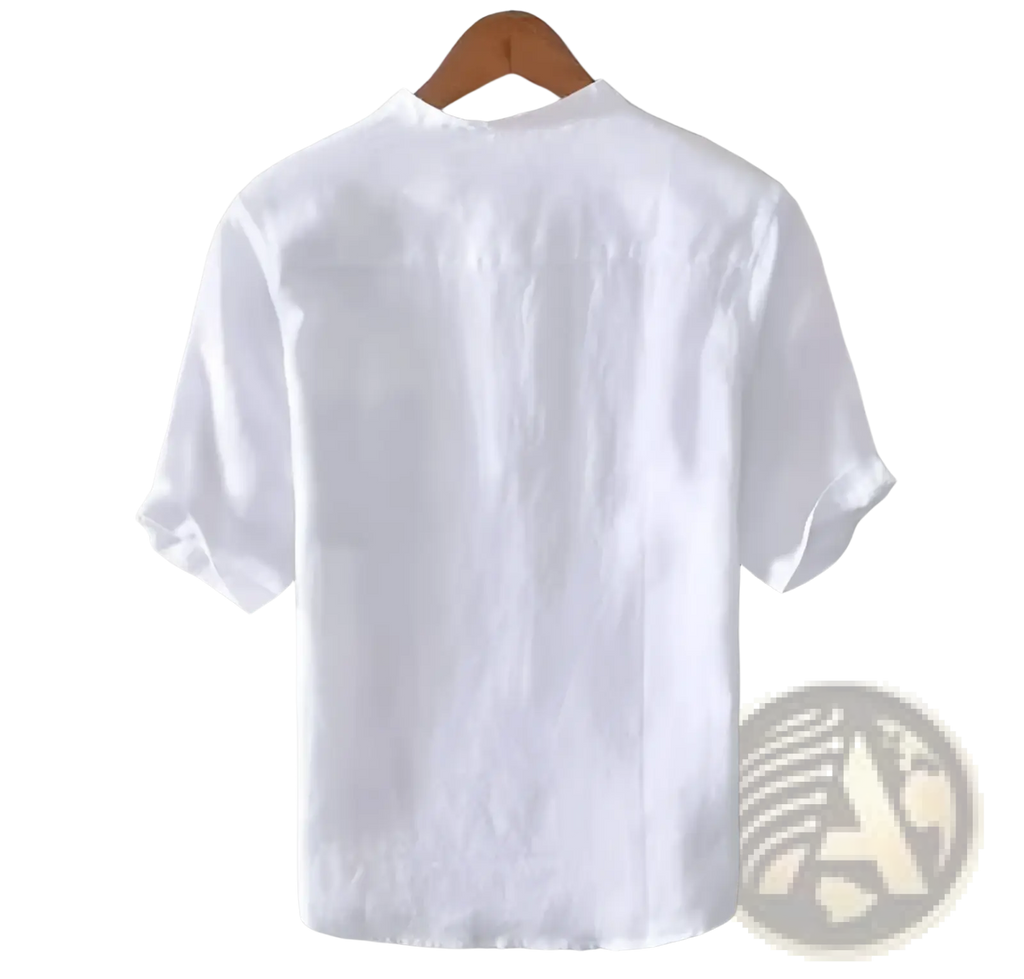 White retro Japanese style loose linen short-sleeved shirt with mandarin collar and subtle fabric texture