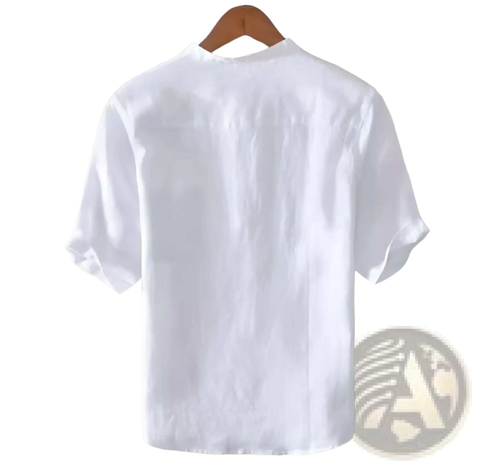 White retro Japanese style loose linen short-sleeved shirt with mandarin collar and subtle fabric texture