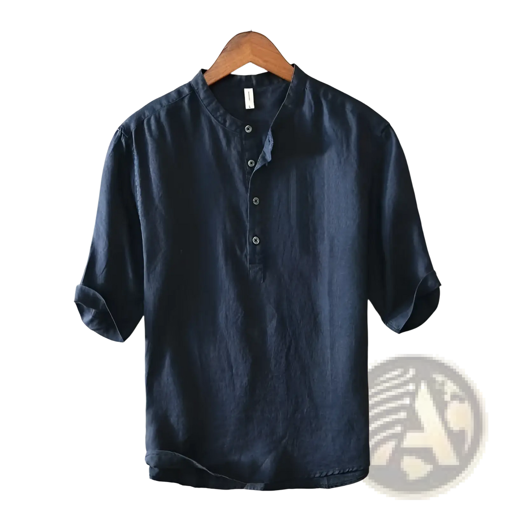Dark blue linen retro Japanese style loose shirt with mandarin collar short sleeves and subtle front buttons