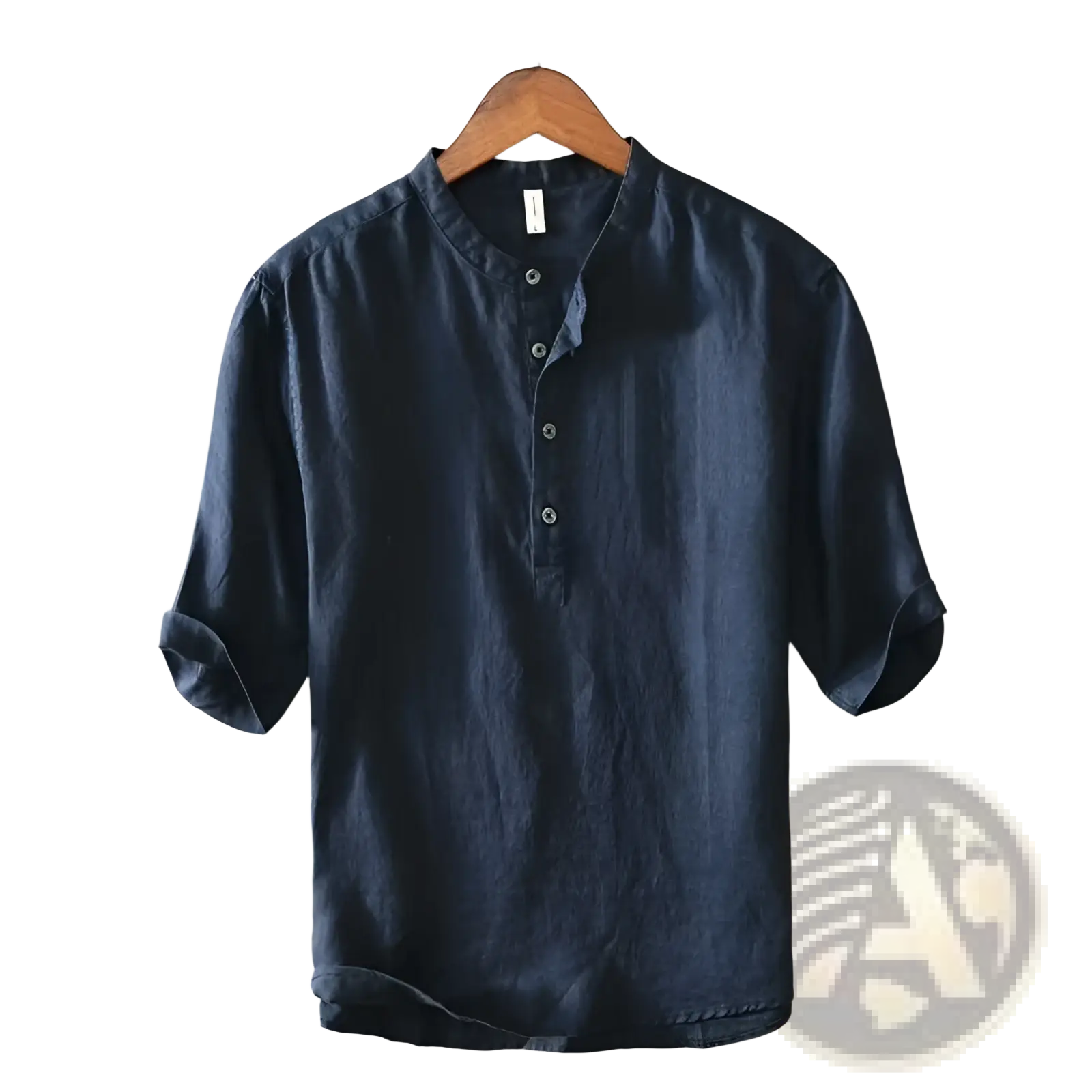 Dark blue linen retro Japanese style loose shirt with mandarin collar short sleeves and subtle front buttons