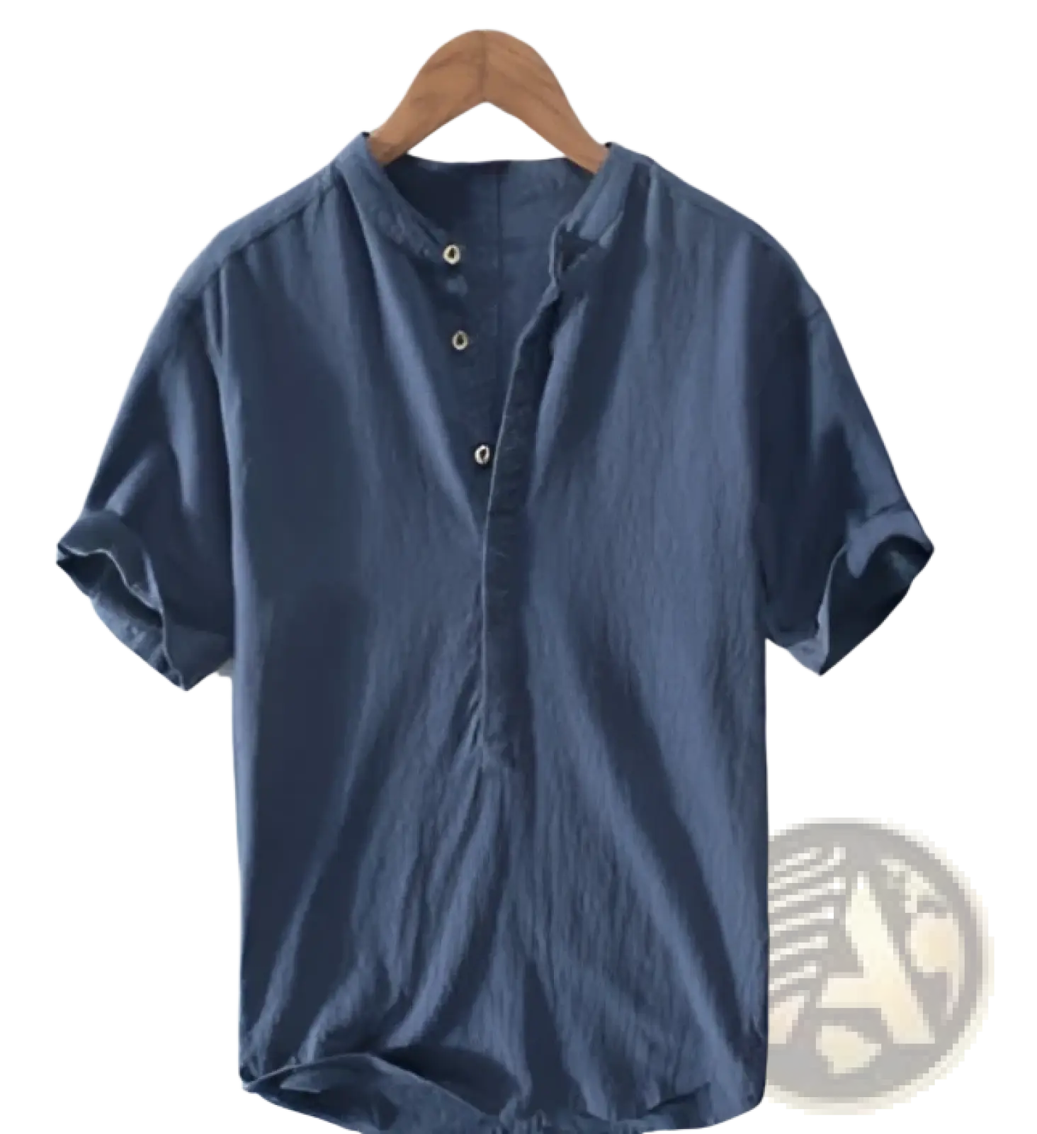 Dark blue short-sleeved loose linen shirt with mandarin collar and subtle texture in retro Japanese style