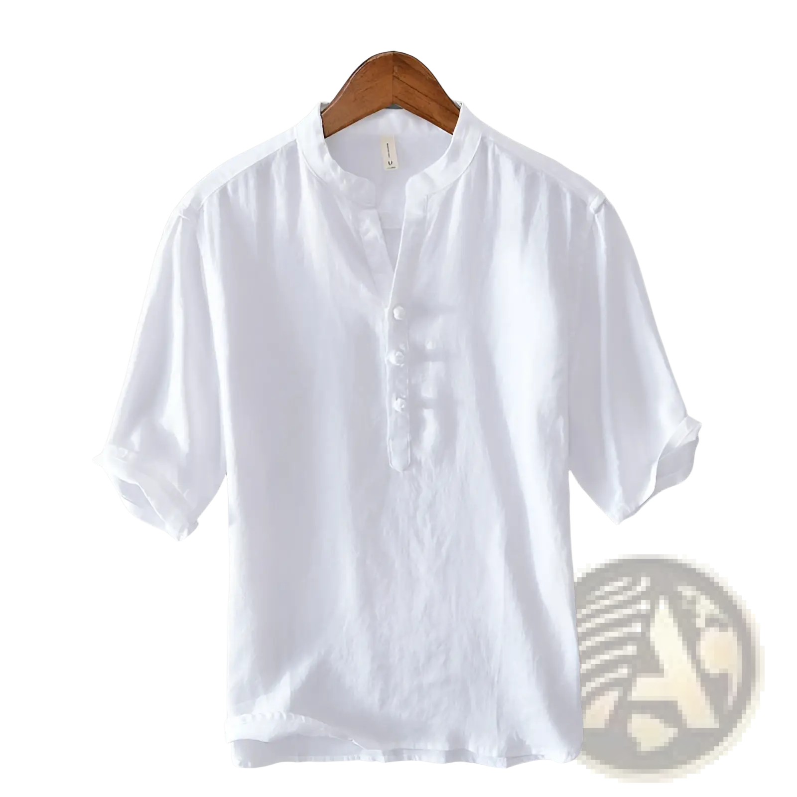 White short-sleeved retro japanese style shirt with mandarin collar and button-front design made of lightweight linen fabric