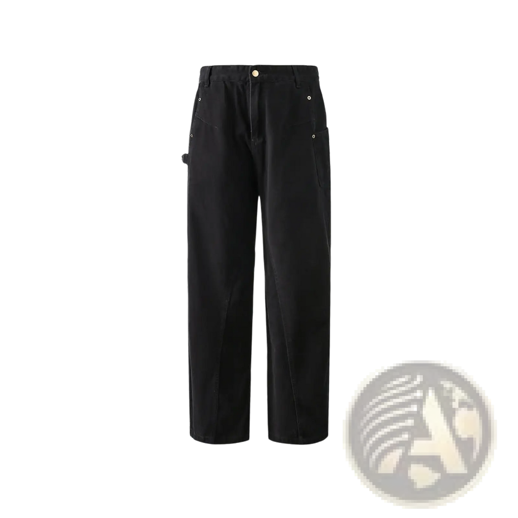 Black retro Japanese wide leg cargo pants with relaxed fit, subtle stitching, and metallic button accents
