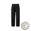 Black retro Japanese wide leg cargo pants with relaxed fit, subtle stitching, and metallic button accents