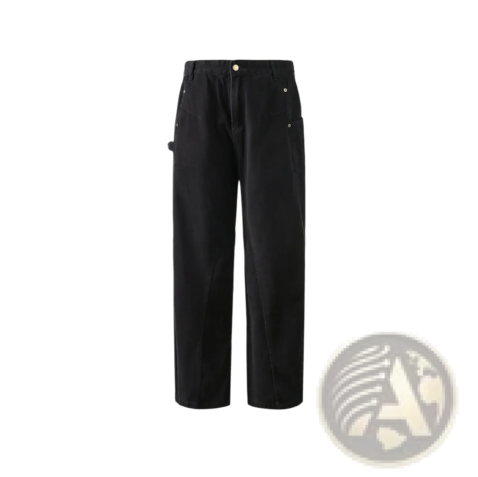 Black retro Japanese wide leg cargo pants with relaxed fit, subtle stitching, and metallic button accents