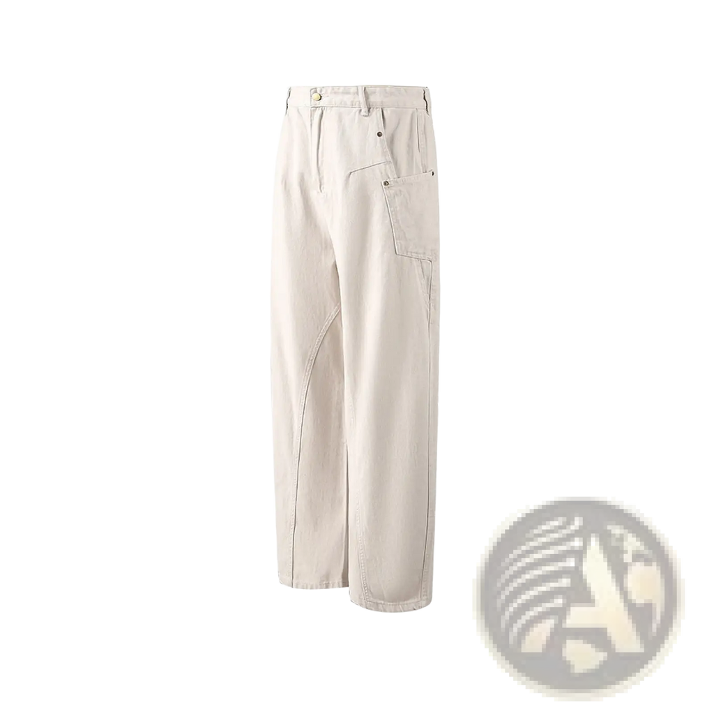 Beige retro Japanese wide leg cargo pants with relaxed fit and multiple pockets in durable fabric