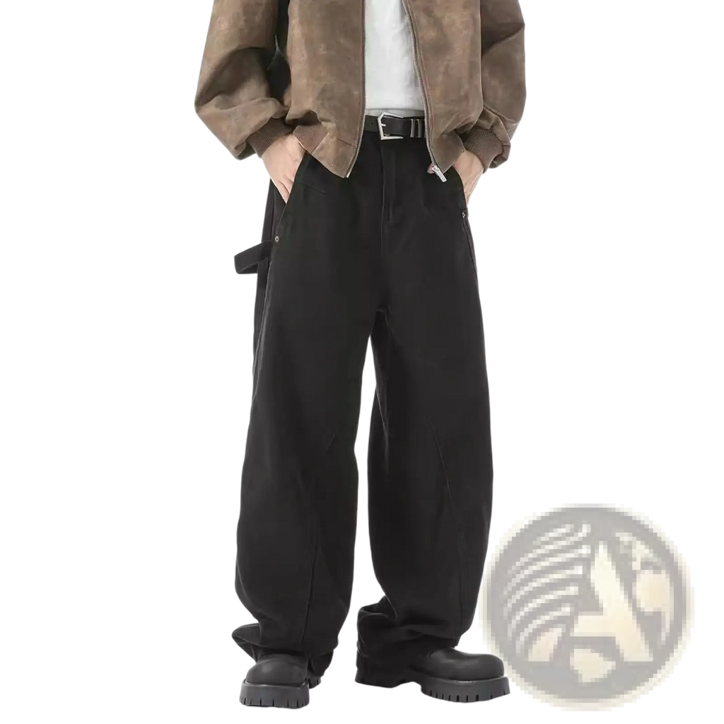 Black retro Japanese wide leg cargo pants with side pockets and relaxed fit in durable cotton fabric