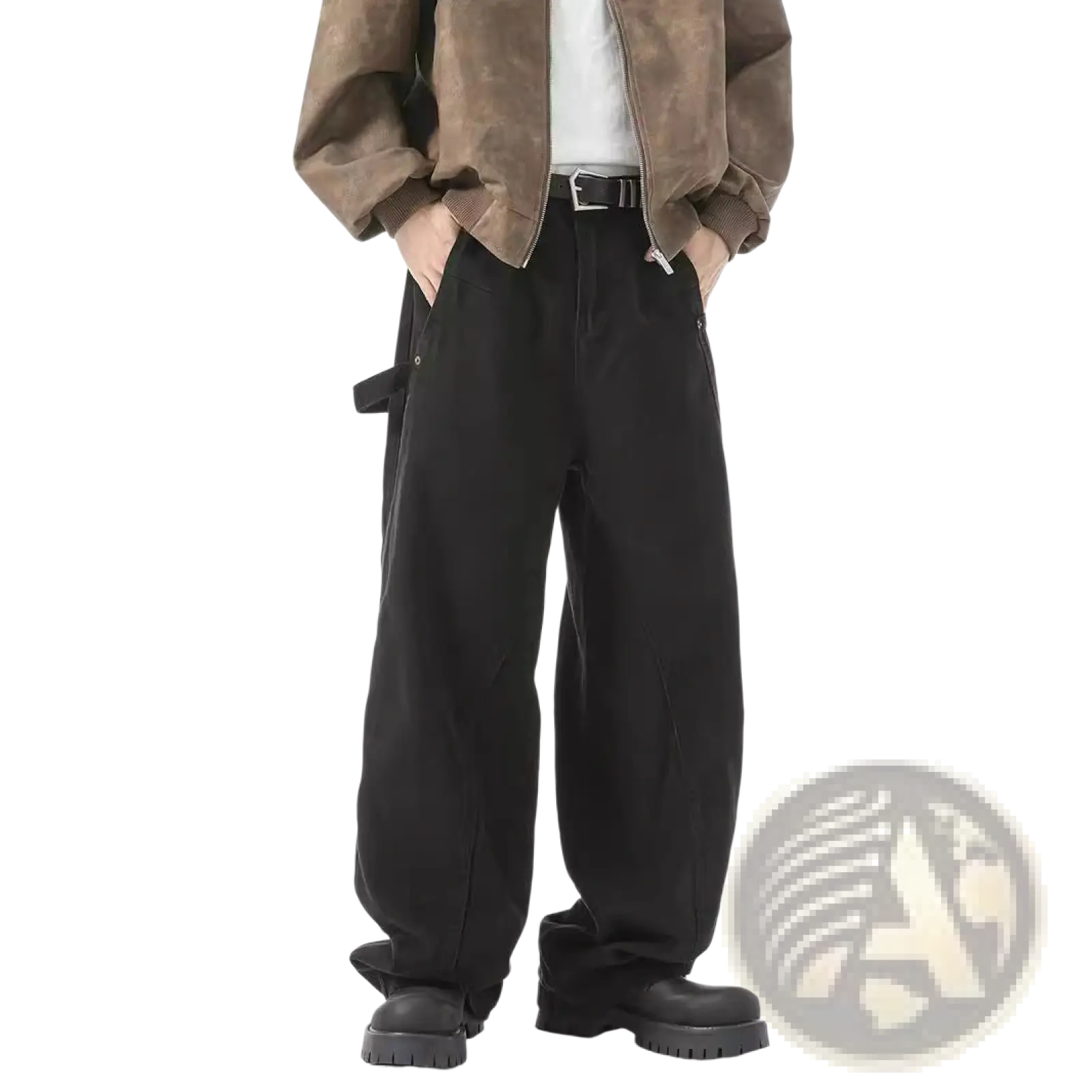 Black retro Japanese wide leg cargo pants with side pockets and relaxed fit in durable cotton fabric