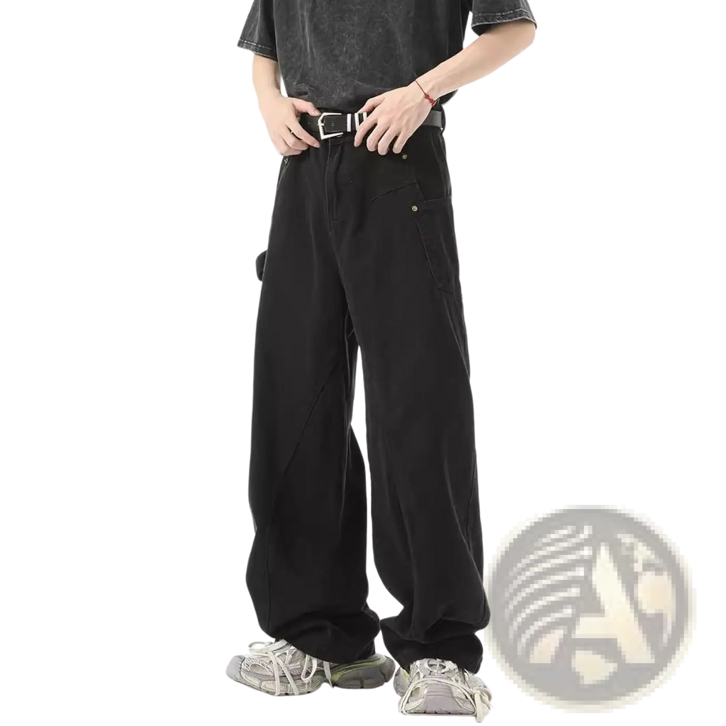 Black retro Japanese wide leg cargo pants with a relaxed fit and multiple functional pockets