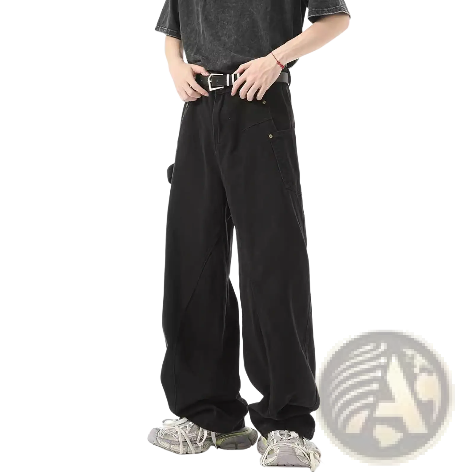 Black retro Japanese wide leg cargo pants with a relaxed fit and multiple functional pockets