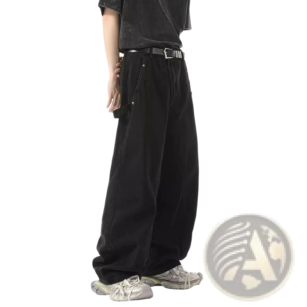 Black retro Japanese wide leg cargo pants featuring relaxed fit and subtle stitching details in a comfortable fabric