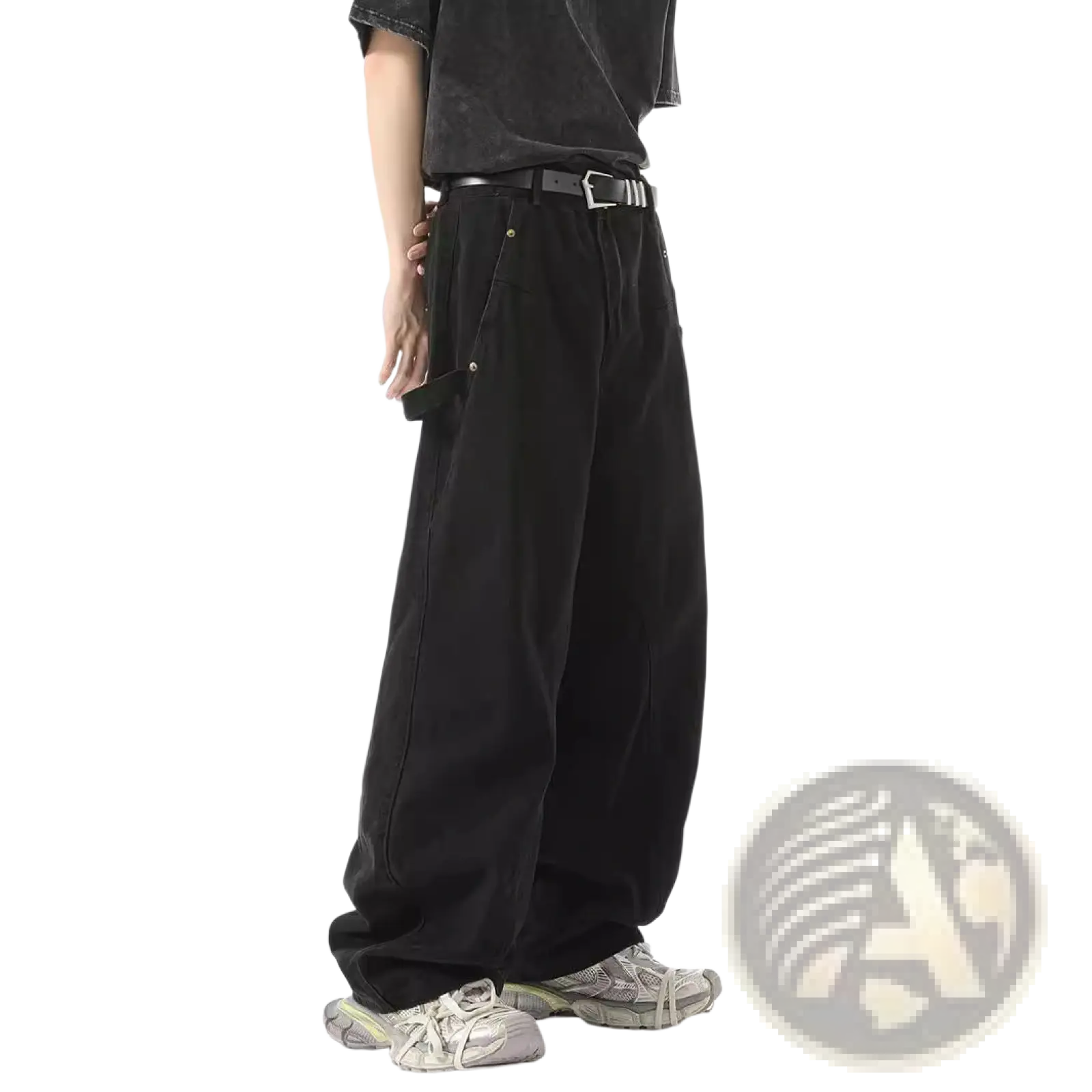 Black retro Japanese wide leg cargo pants featuring relaxed fit and subtle stitching details in a comfortable fabric