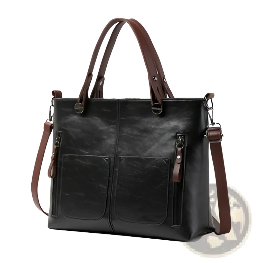 Black leather tote crossbody bag with brown handles and shoulder strap for retro large capacity use