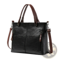 Black leather tote crossbody bag with brown handles and shoulder strap for retro large capacity use