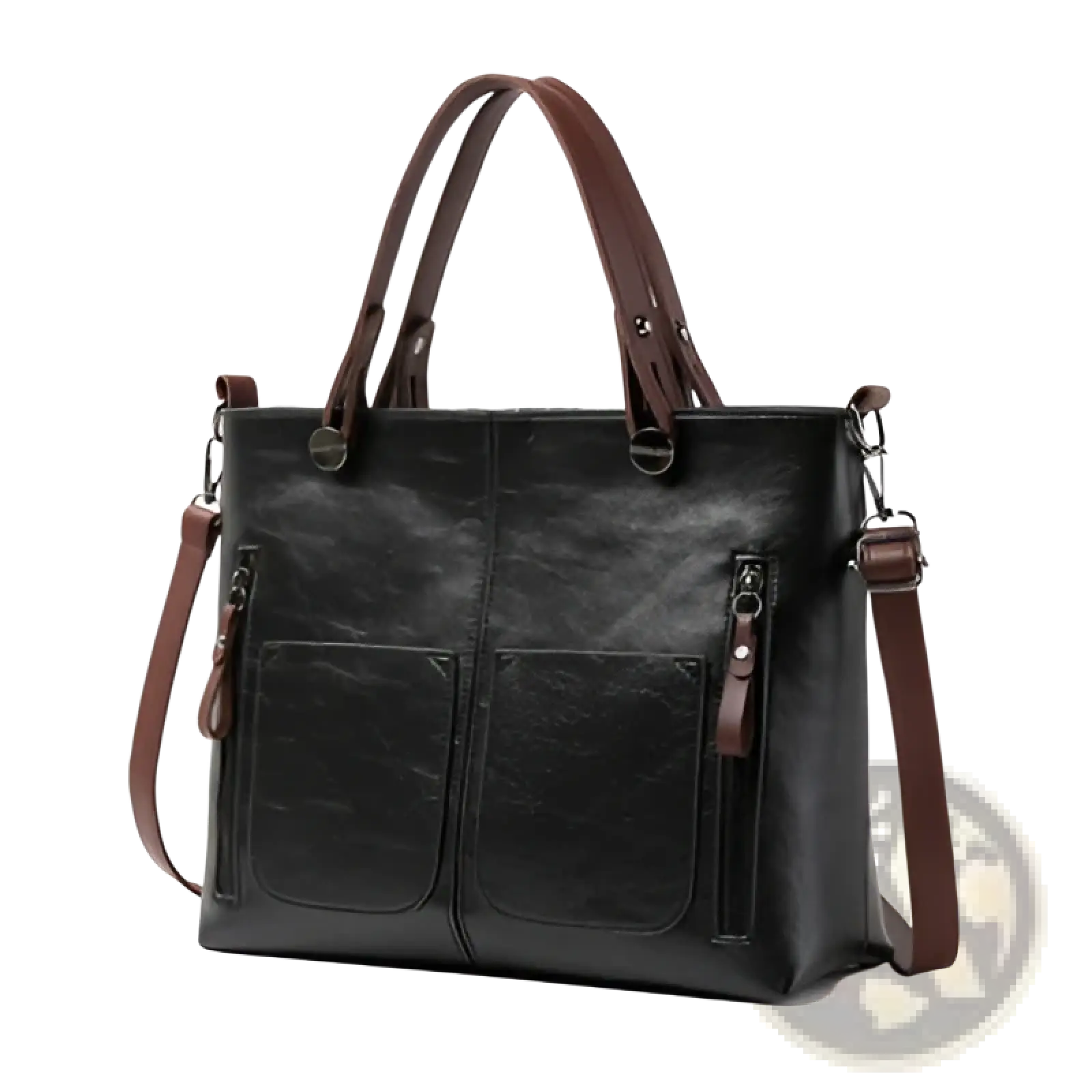 Black leather tote crossbody bag with brown handles and shoulder strap for retro large capacity use