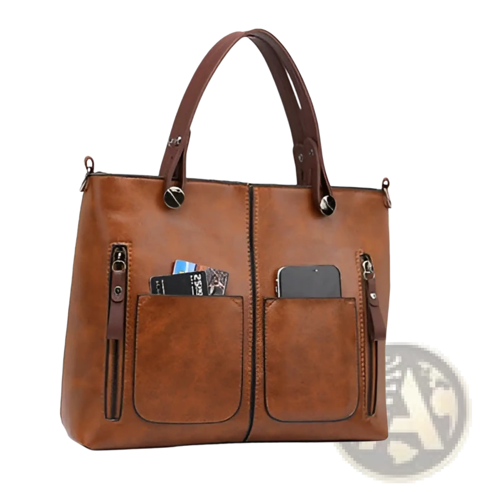 Brown leather retro large capacity tote crossbody bag with two front zippered pockets holding cards and smartphone
