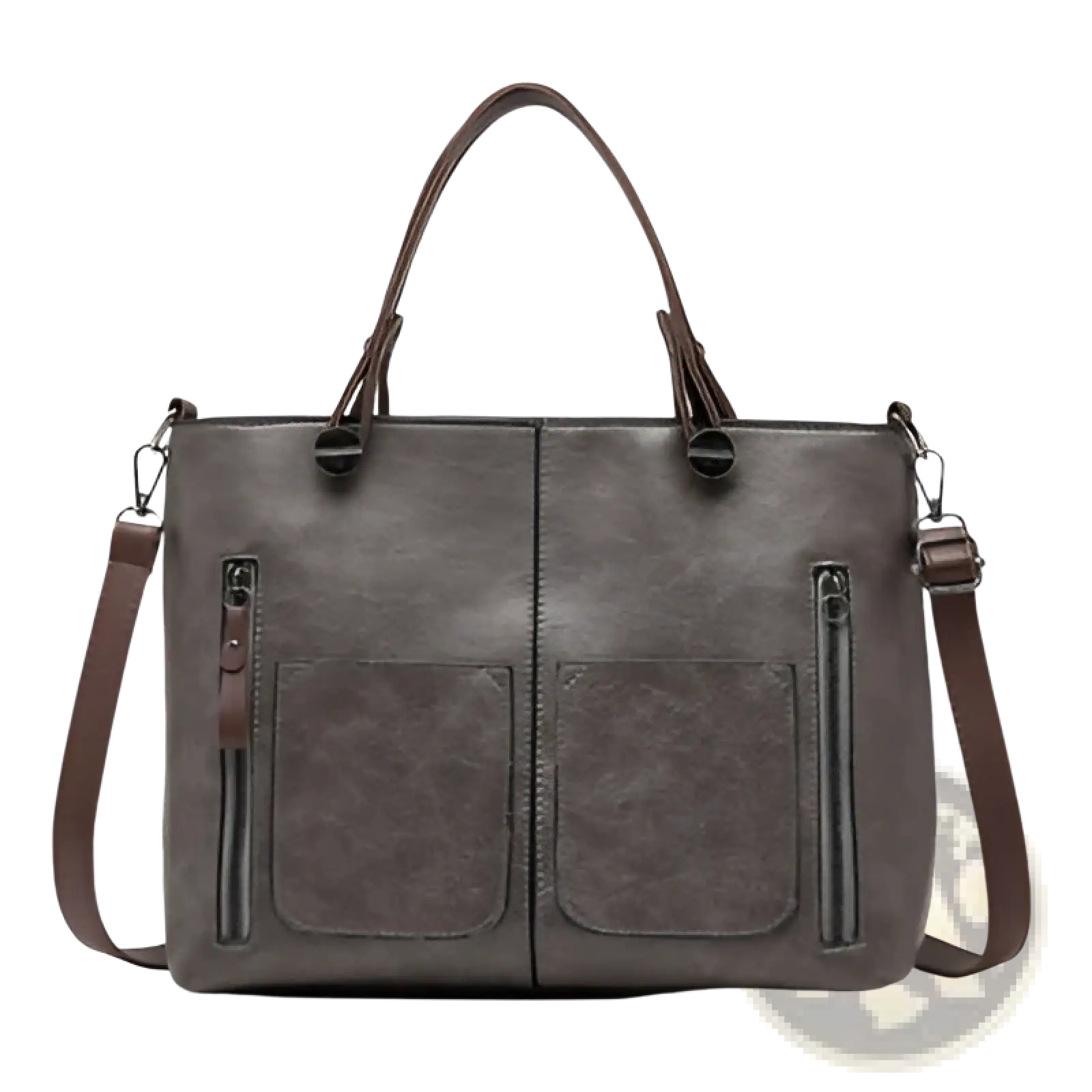 Dark gray textured leather retro tote bag with large capacity, two front zippered pockets, and brown handles