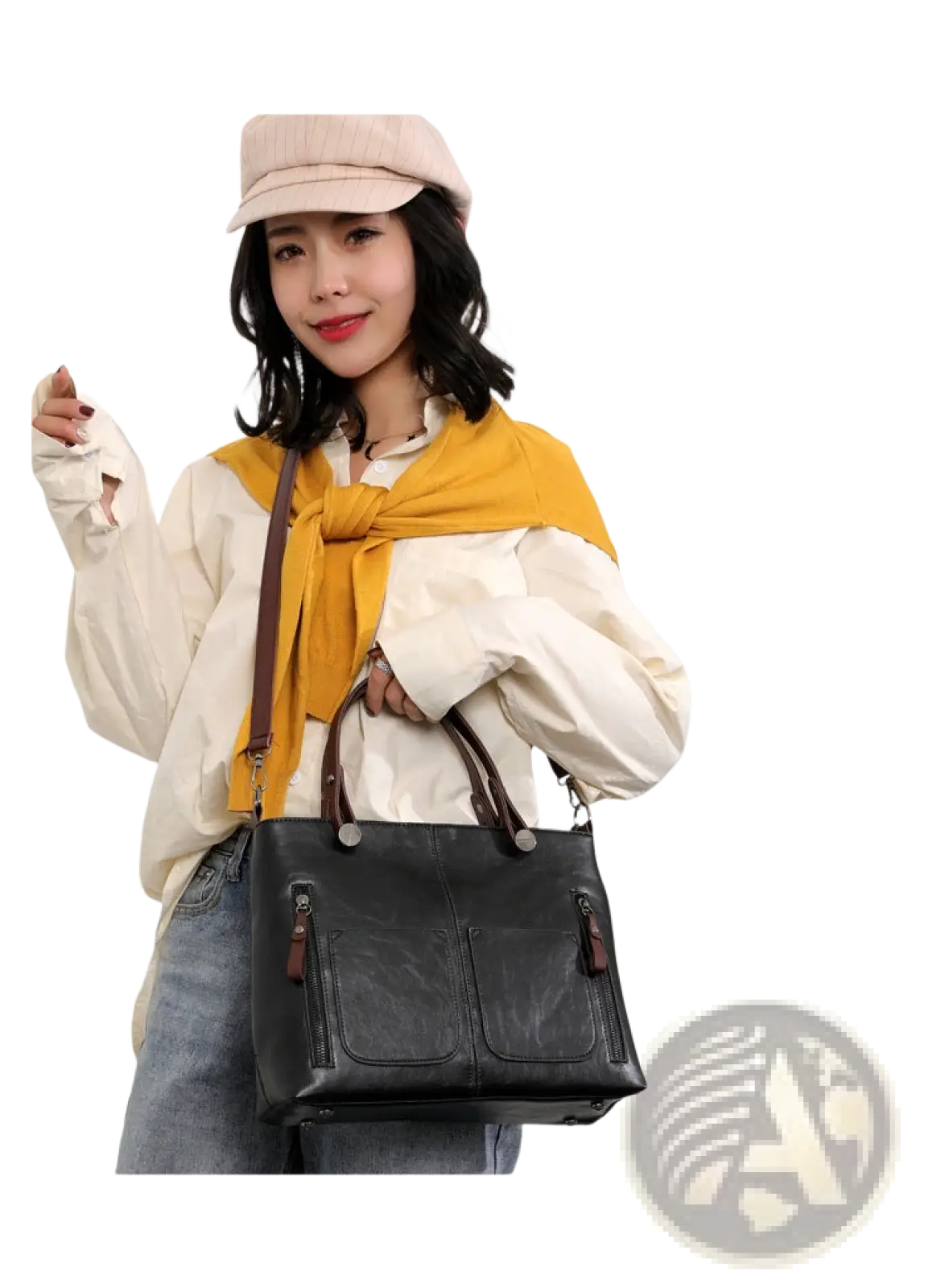 Black leather retro large capacity tote crossbody bag with brown straps and zipper details for versatile use