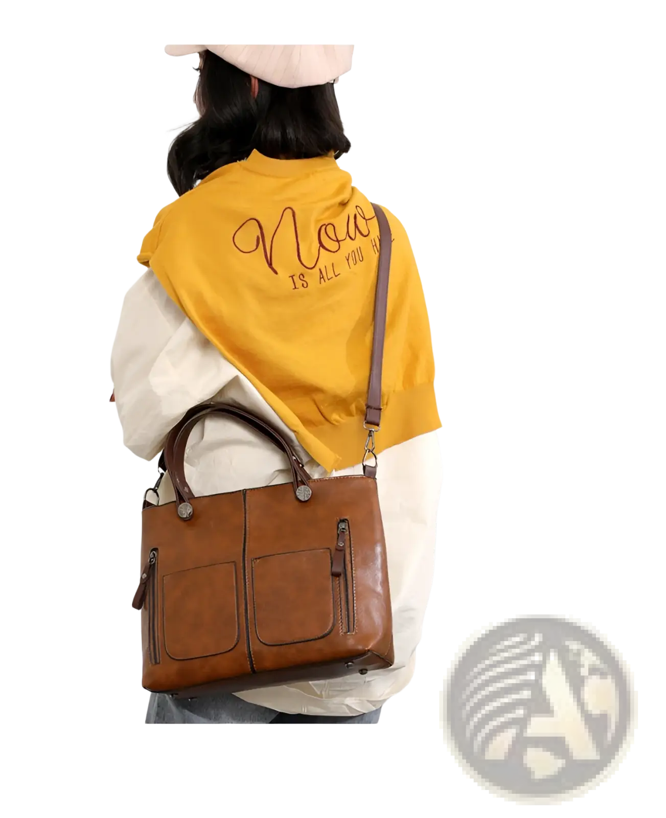 Brown leather tote bag with top handles and front zippered pockets for large capacity crossbody use