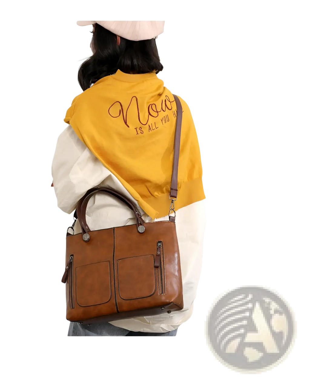 Brown leather tote bag with top handles and front zippered pockets for large capacity crossbody use