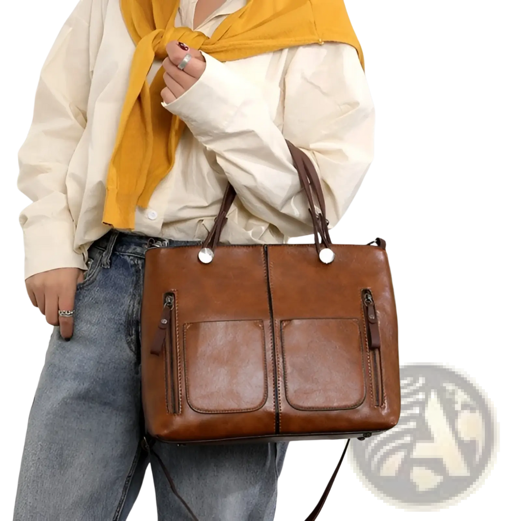 Retro large capacity leather tote crossbody bag in brown with two front pockets and white button handles