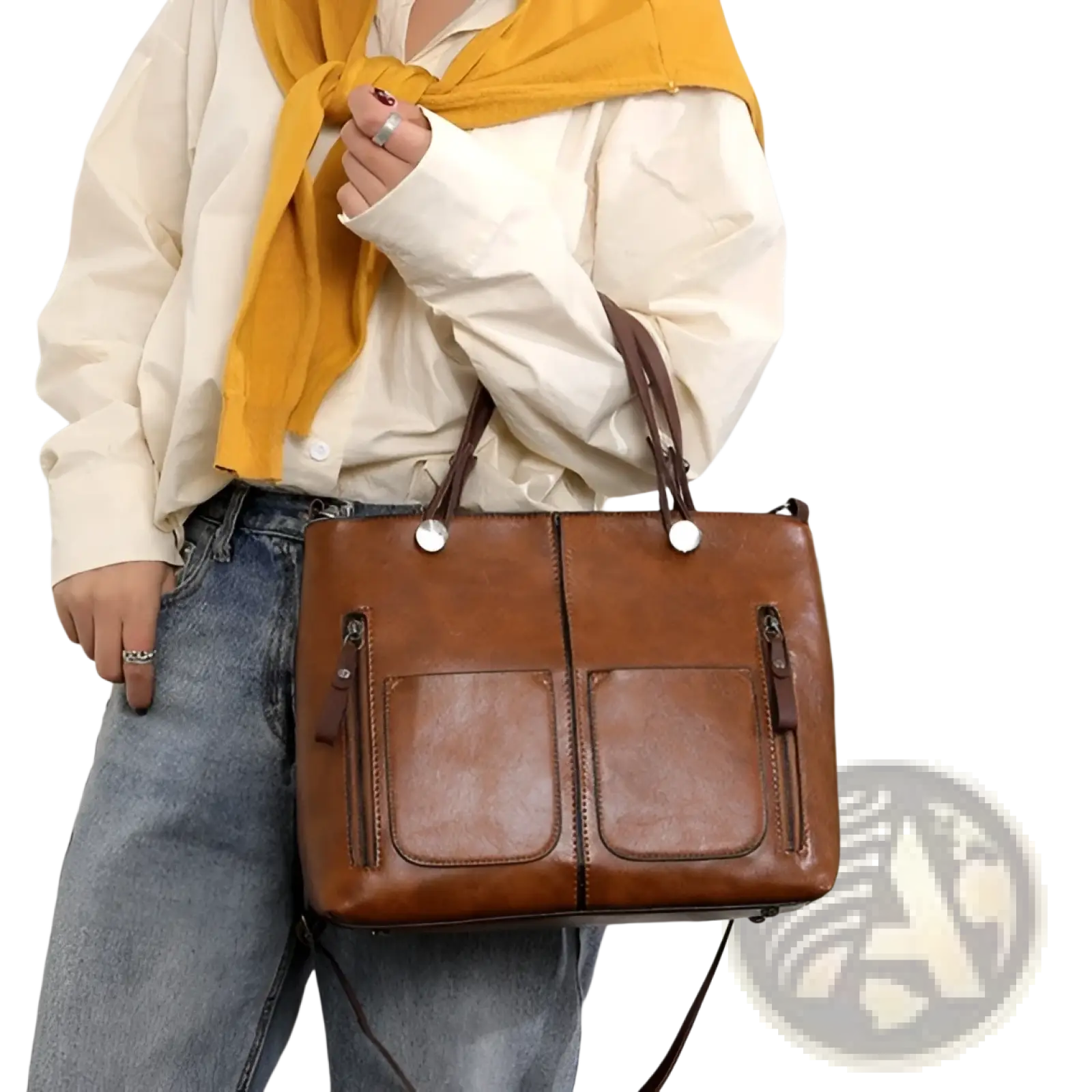 Retro large capacity leather tote crossbody bag in brown with two front pockets and white button handles