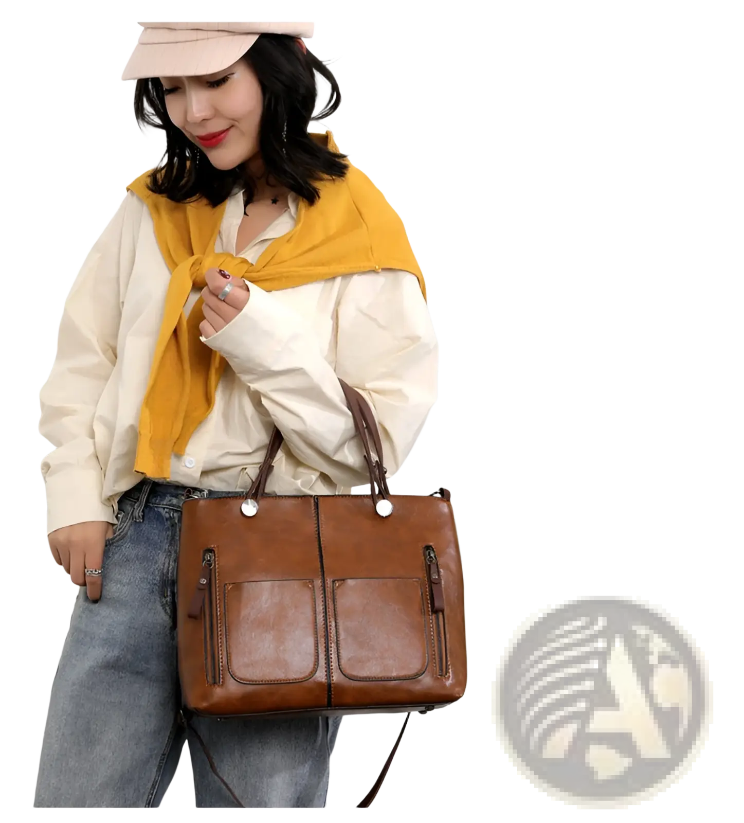 Brown leather tote crossbody bag with large capacity, two front pockets, and top handles for versatile use