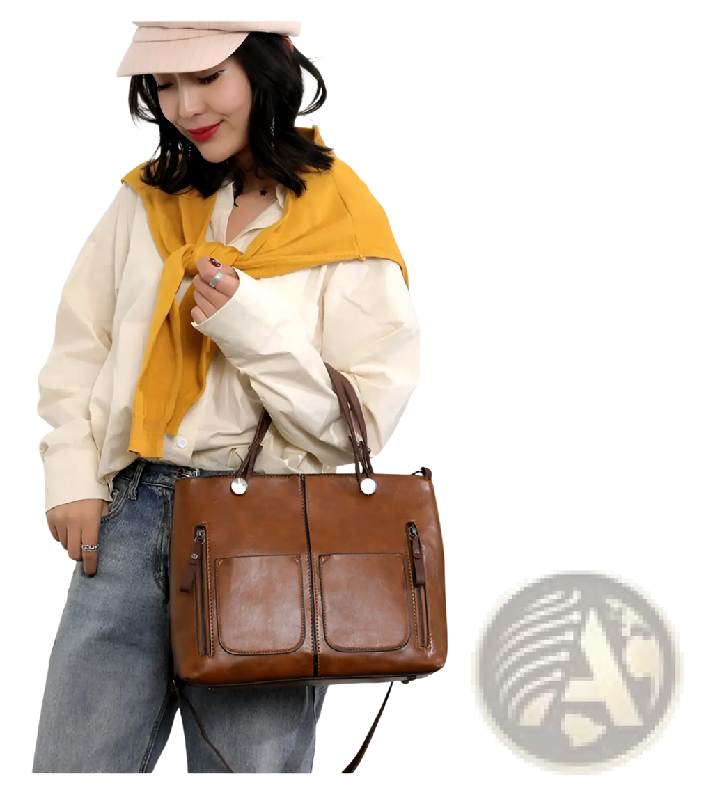 Brown leather tote crossbody bag with large capacity, two front pockets, and top handles for versatile use