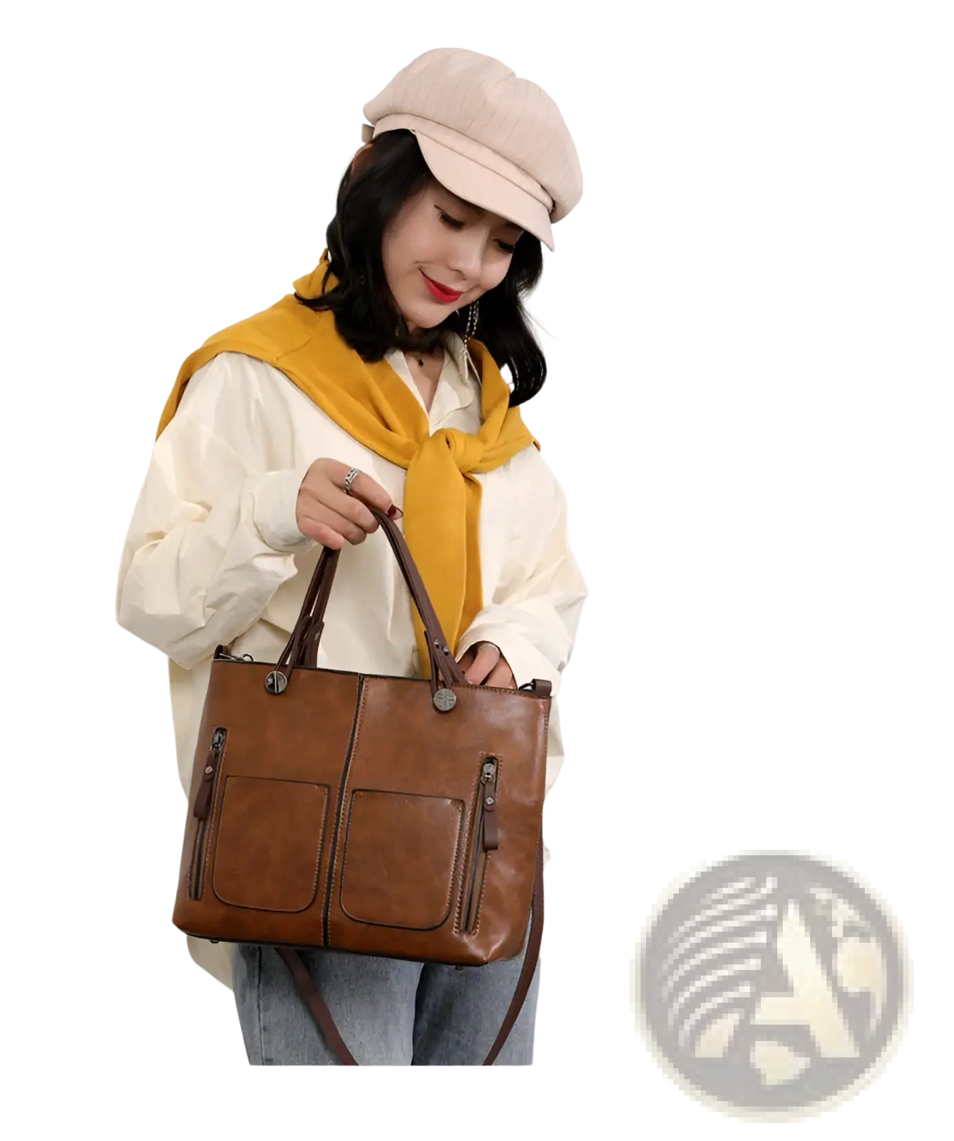 Brown leather retro large capacity tote crossbody bag with two front zippered pockets and sturdy handles