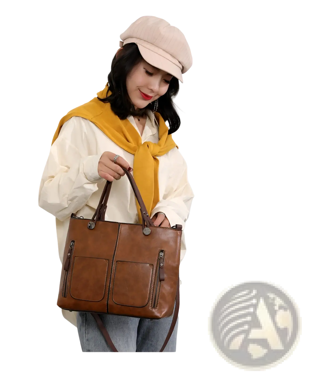 Brown leather retro large capacity tote crossbody bag with two front zippered pockets and sturdy handles