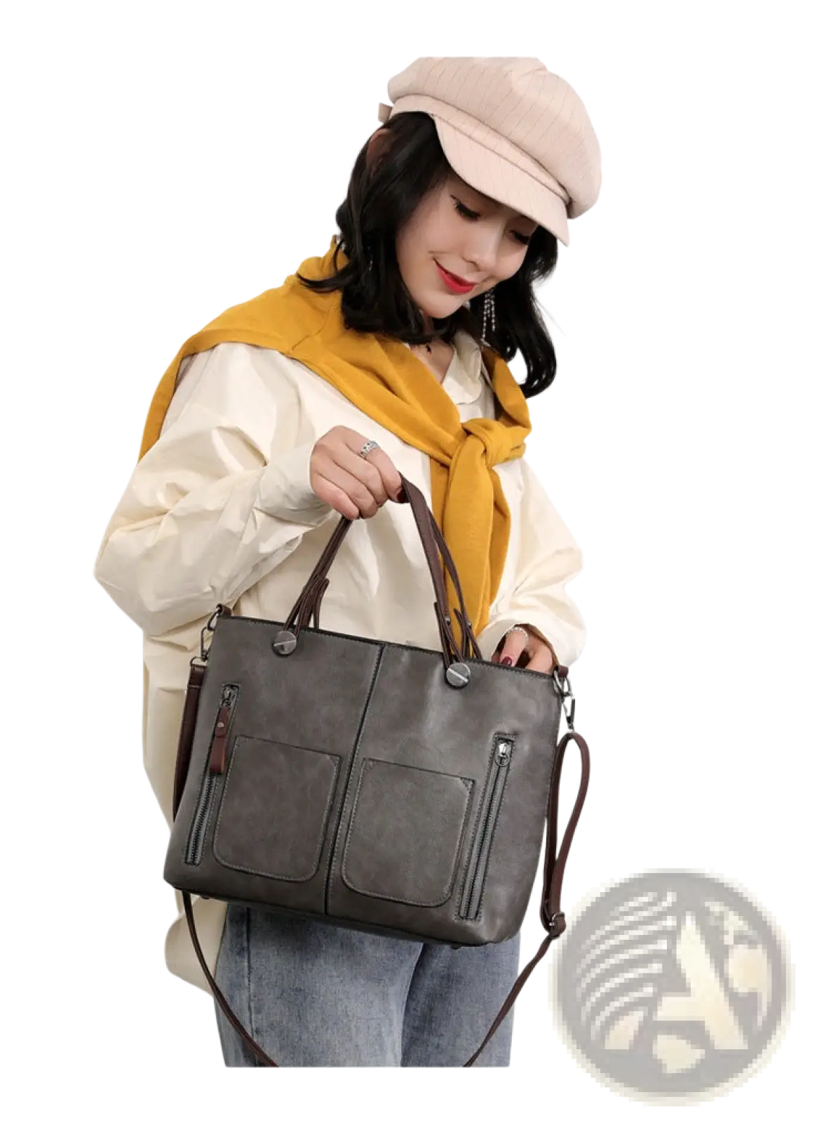 Gray leather tote crossbody bag with brown handles and zipped front pockets featuring large capacity retro style