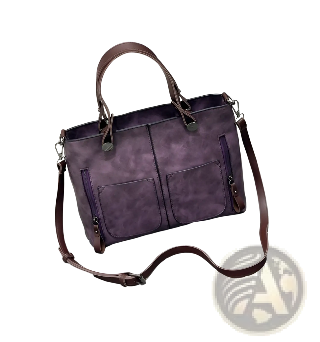 Retro large capacity leather tote crossbody bag in purple suede with brown leather handles and adjustable strap