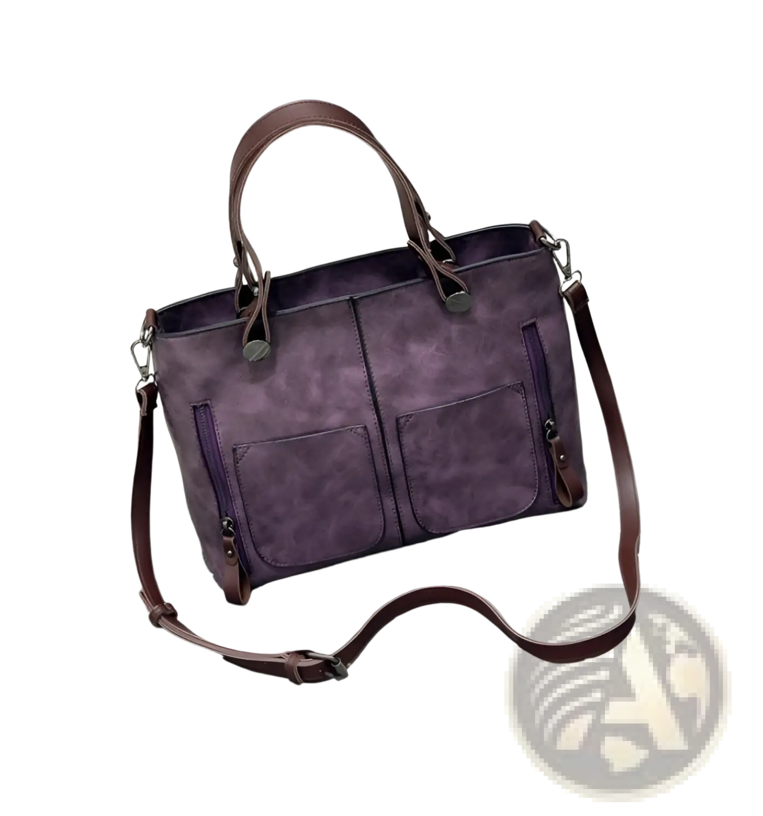 Retro large capacity leather tote crossbody bag in purple suede with brown leather handles and adjustable strap