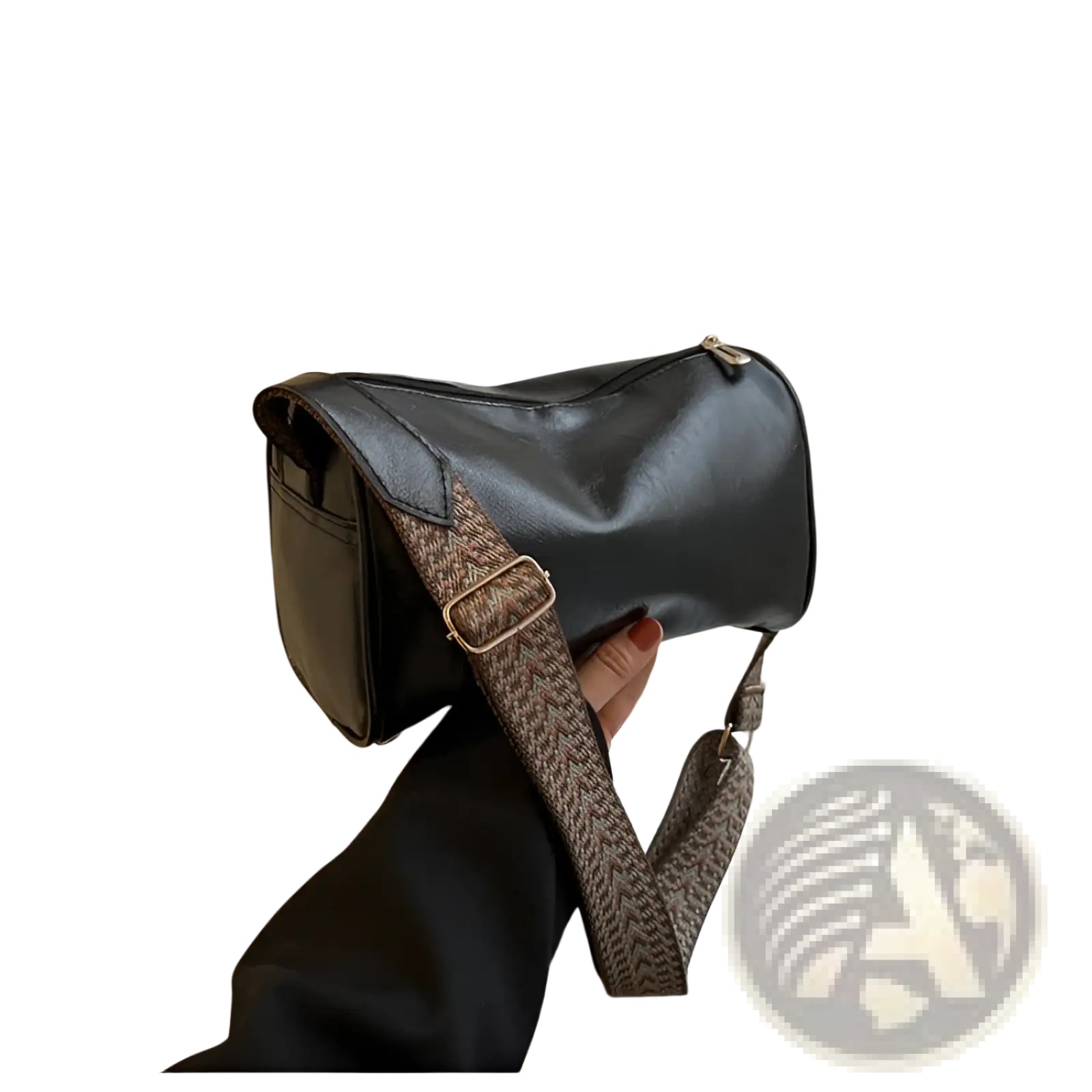 Retro leather crossbody bag in black with textured brown woven strap and gold-tone hardware for stylish carrying