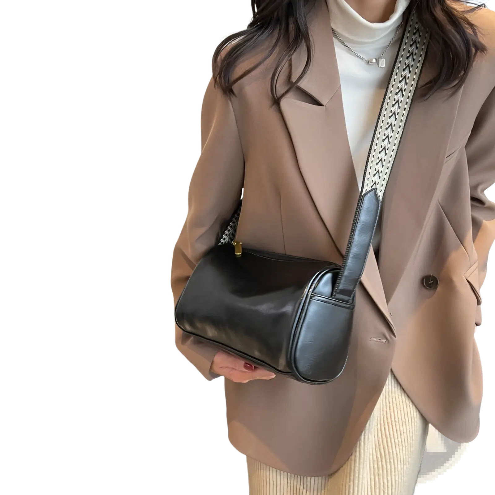Black leather retro crossbody bag with a patterned strap designed for stylish everyday use