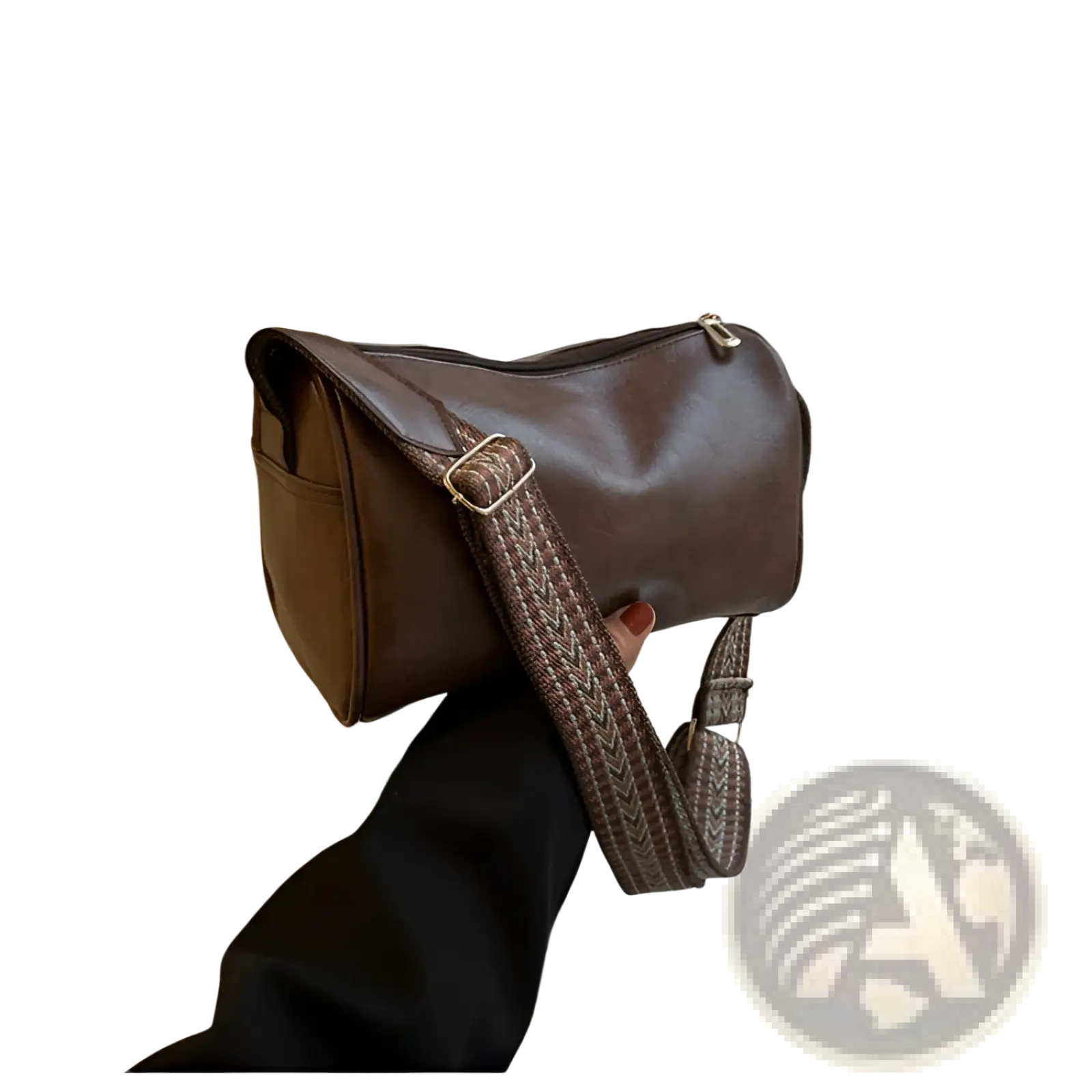 Retro leather crossbody bag in brown with woven patterned strap and gold tone hardware for stylish everyday use