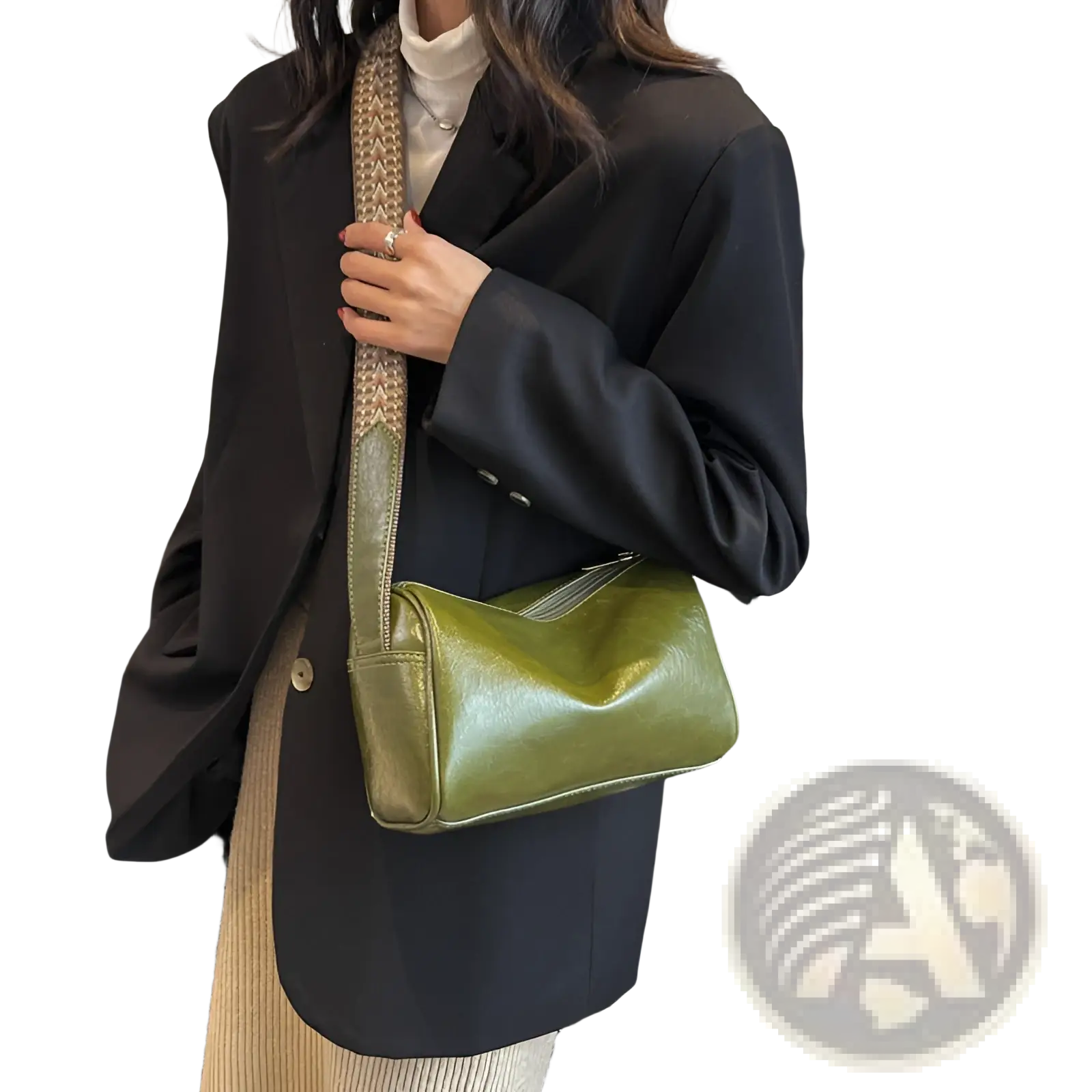 Olive green retro leather crossbody bag with textured finish and woven patterned strap for stylish carrying
